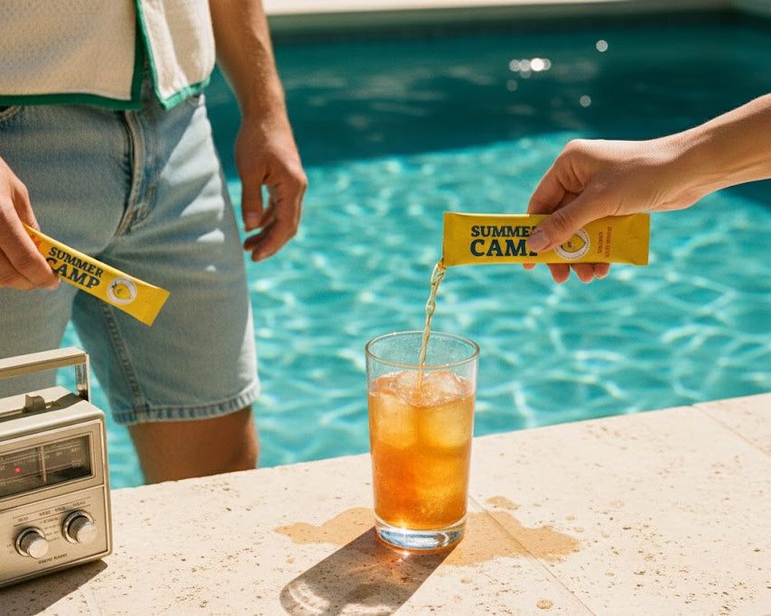 Person pouring a drink from a can into a glass by a poolside with a radio and another person holding a can.